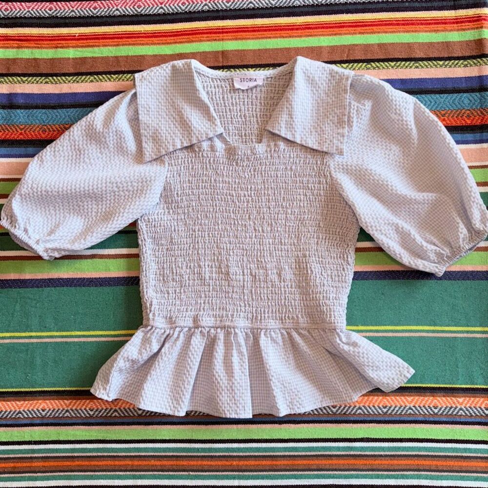 Storia Smocked Blue Gingham Peplum Top with Puff Sleeves & Square Collar size S - Picture 9 of 11